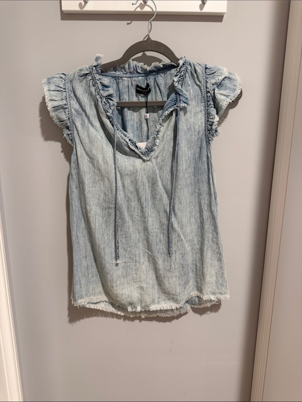 Generation Love Pale Blue Frayed V-Neck Denim-Style Blouse